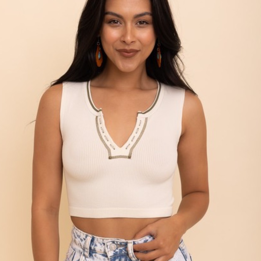 CREAM Ribbed Henley Brami - Button Detail Crop Tank Top